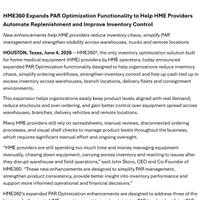 HME360 Expands PAR Optimization Functionality to Help HME Providers Automate Replenishment and Improve Inventory Control